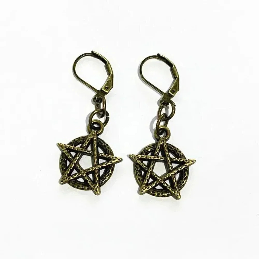 Bronze Wiccan Pagan Witch Pentacle Pentagram Circle Dangle Pendant Earrings - Picture 2 of 4